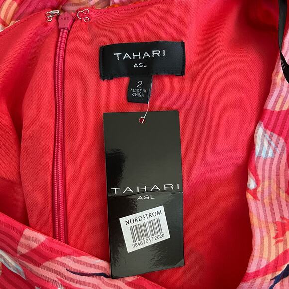 Tahari ASL Ruffle Hem Tie Waist V-Neck Short Sleeve Pink Floral Mini Dress 2 NWT - Picture 4 of 16